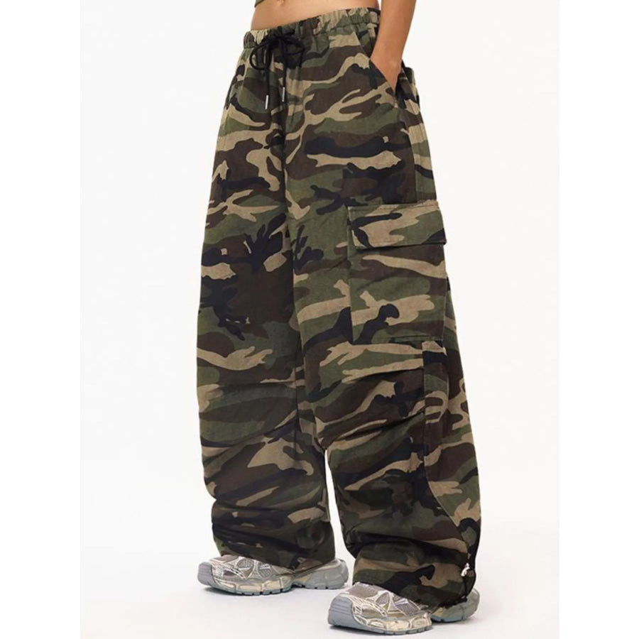 Camouflage Cargo Pants with Drawstring Waist Apparel and Accessories