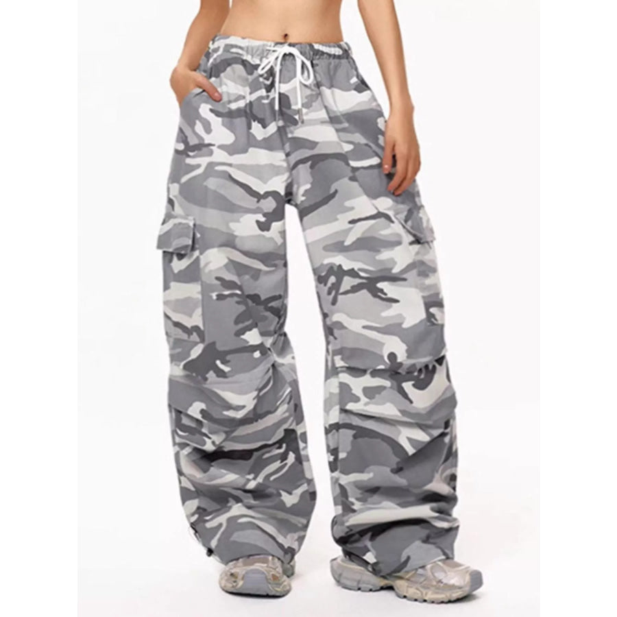 Camouflage Cargo Pants with Drawstring Waist Gray / XS Apparel and Accessories