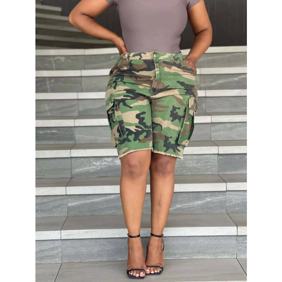Camouflage Cargo Shorts with Raw Hem Apparel and Accessories
