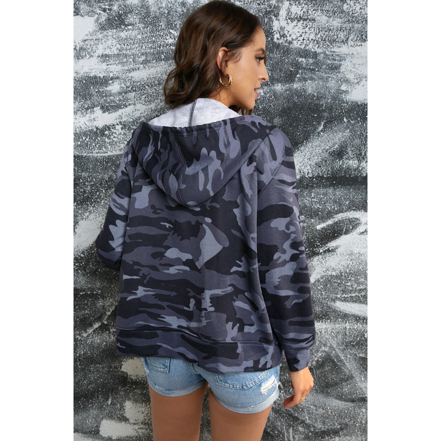 Camouflage Drawstring Detail Zip Up Hooded Jacket