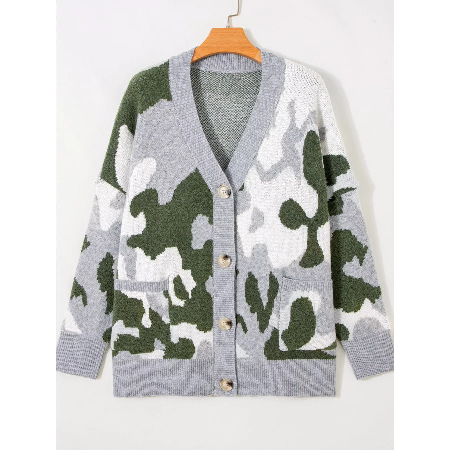 Camouflage Drop Shoulder V Neck Button Front Cardigan Apparel and Accessories