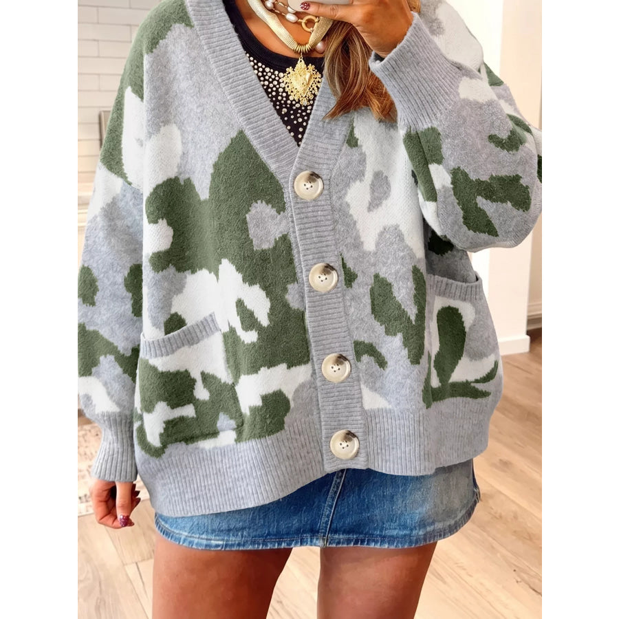 Camouflage Drop Shoulder V Neck Button Front Cardigan Apparel and Accessories