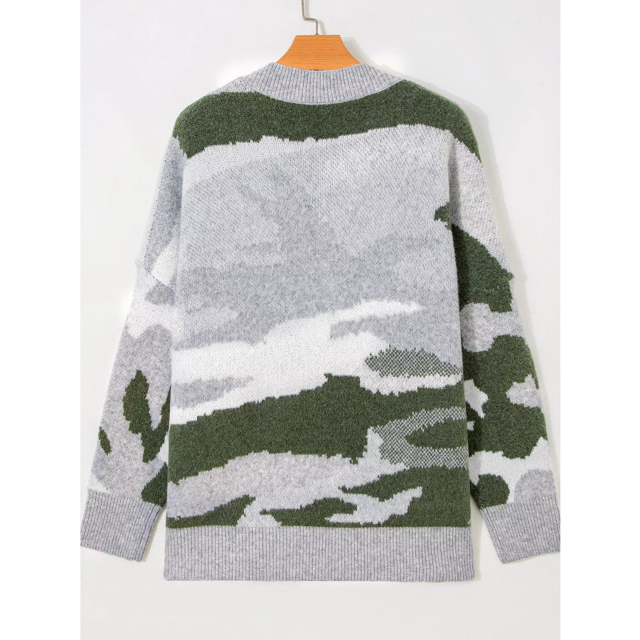 Camouflage Drop Shoulder V Neck Button Front Cardigan Apparel and Accessories