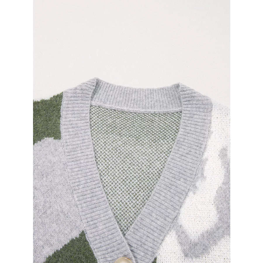 Camouflage Drop Shoulder V Neck Button Front Cardigan Apparel and Accessories