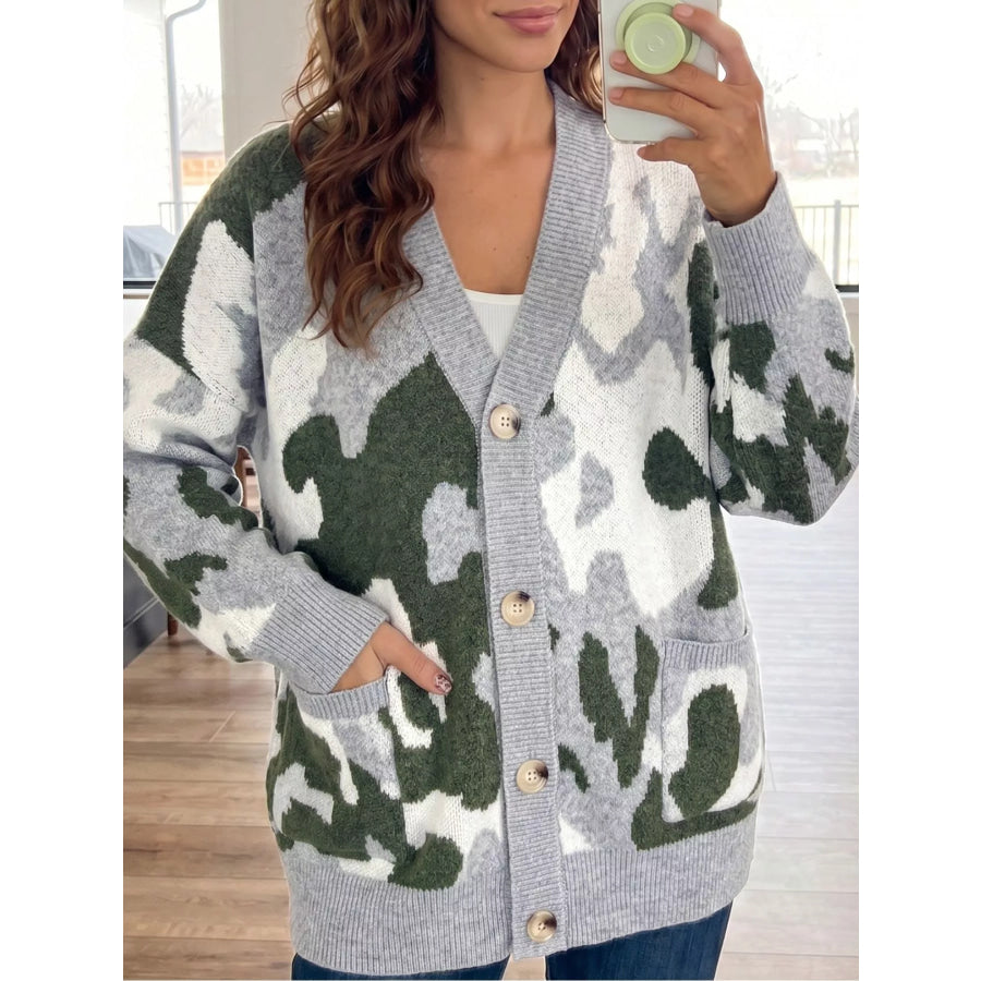 Camouflage Drop Shoulder V Neck Button Front Cardigan Dark Green / XS Apparel and Accessories