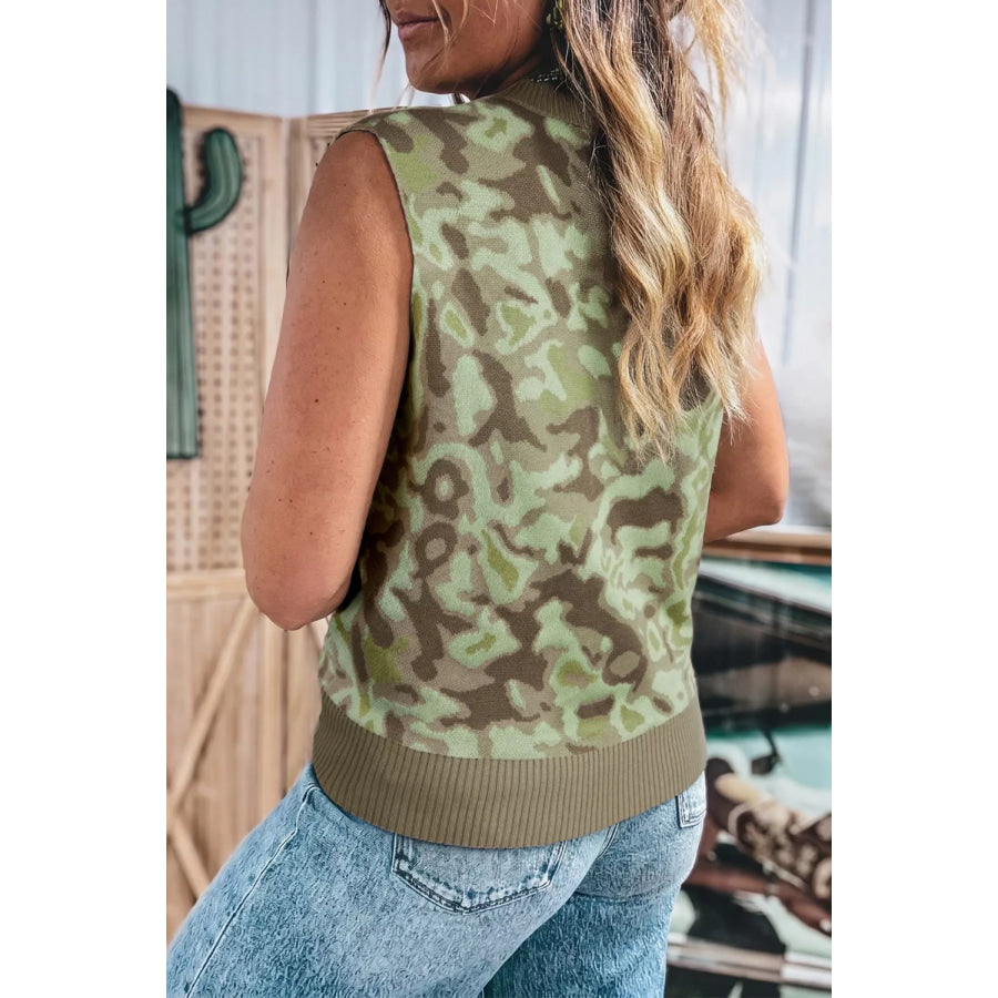 Camouflage Knit Button Up Sweater Vest Moss / S Apparel and Accessories