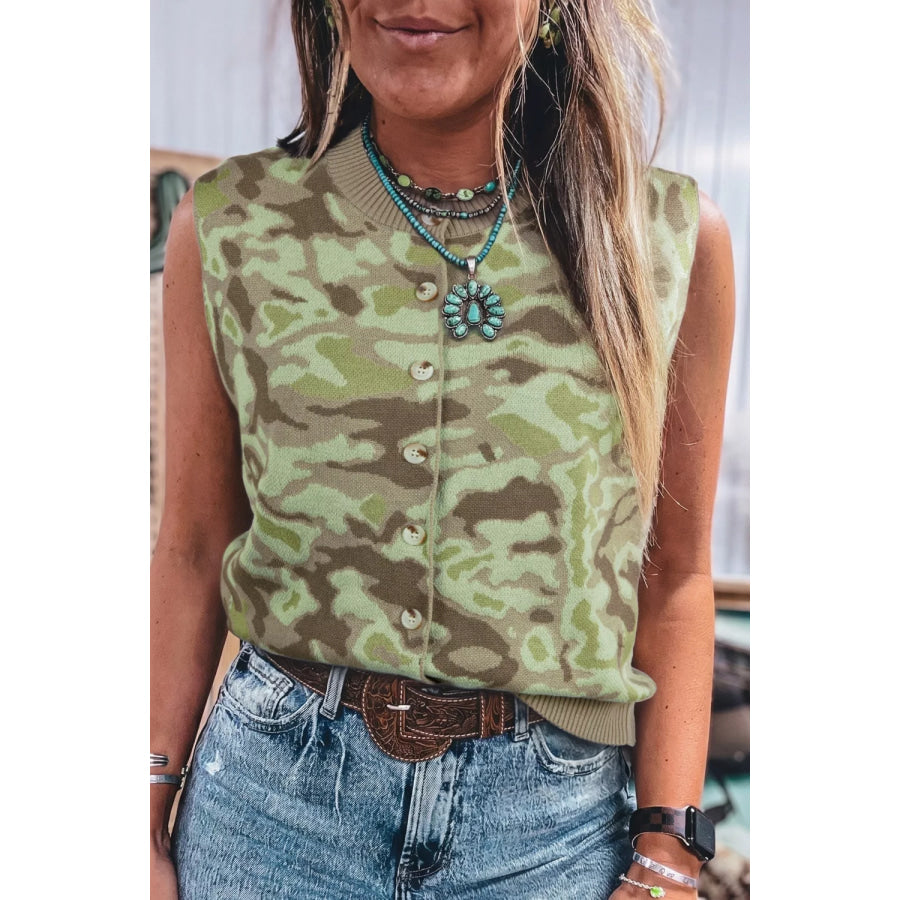 Camouflage Knit Button Up Sweater Vest Moss / S Apparel and Accessories