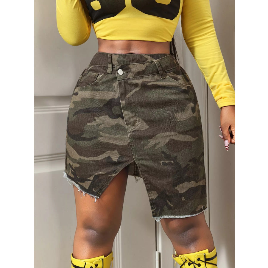 Camouflage Print Asymmetric Raw Hem Denim Skirt Apparel and Accessories