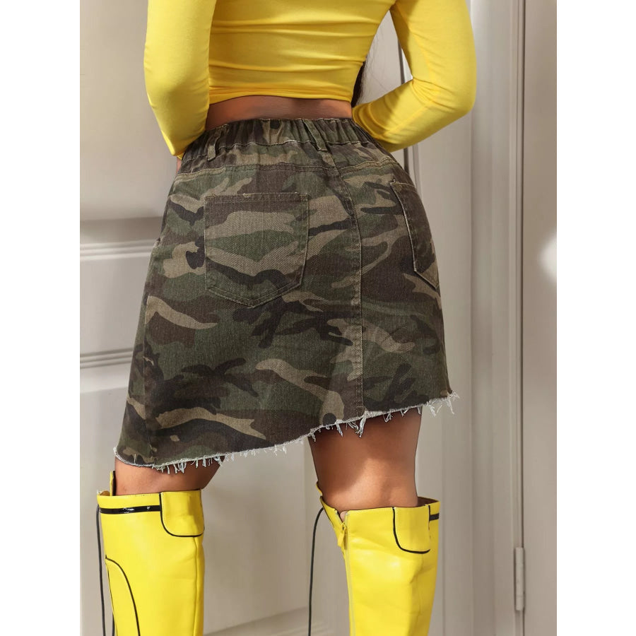 Camouflage Print Asymmetric Raw Hem Denim Skirt Apparel and Accessories