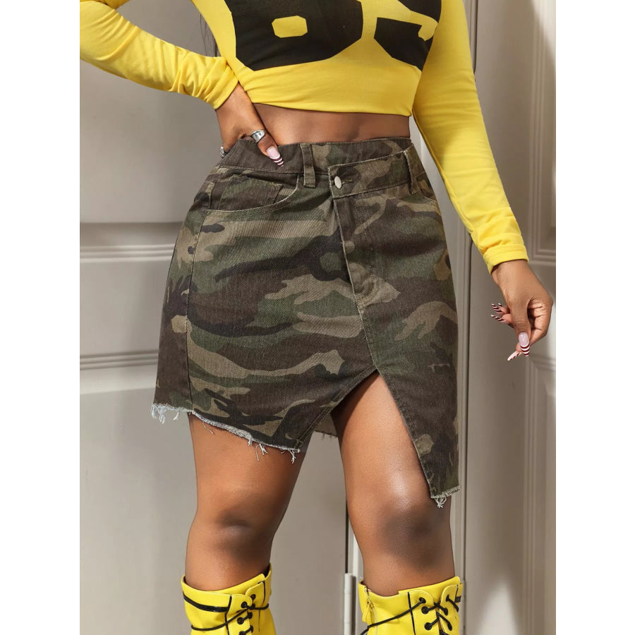 Camouflage Print Asymmetric Raw Hem Denim Skirt Army Green / S Apparel and Accessories