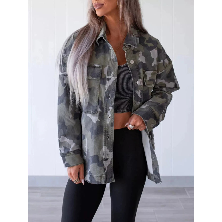 Camouflage Print Button Up Denim Jacket Apparel and Accessories