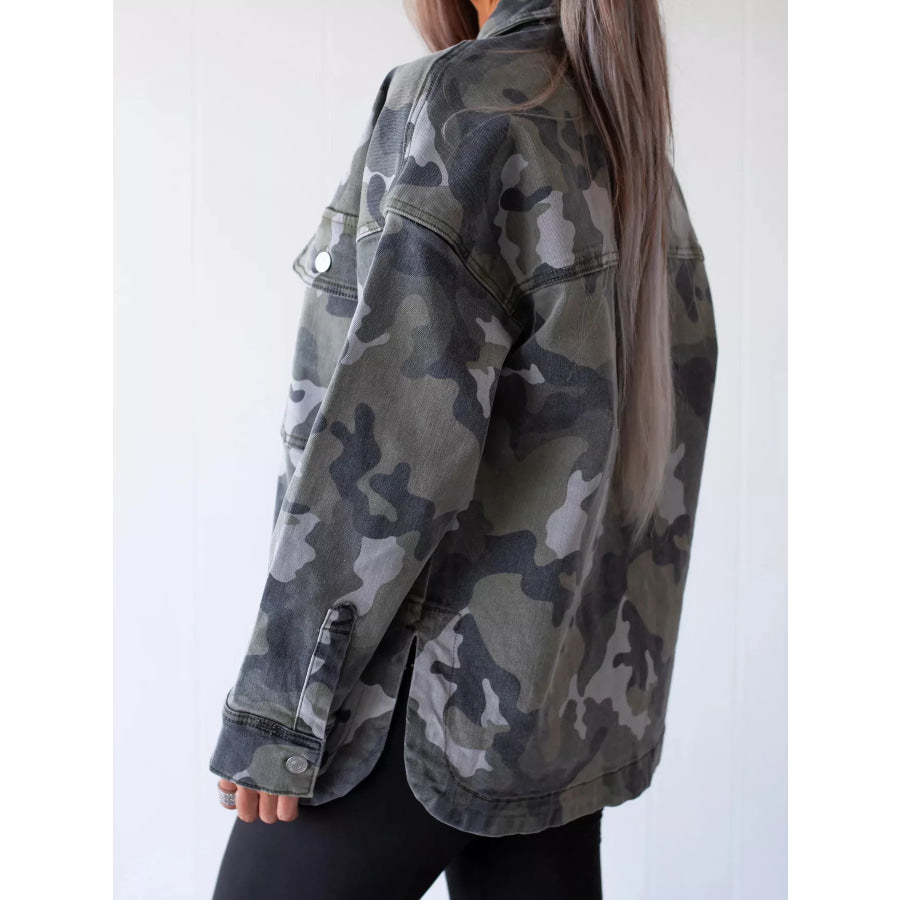 Camouflage Print Button Up Denim Jacket Apparel and Accessories