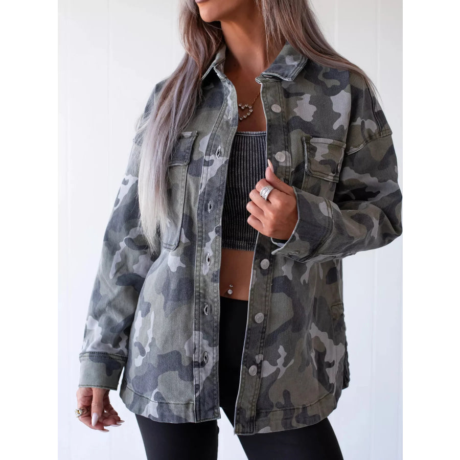 Camouflage Print Button Up Denim Jacket Apparel and Accessories