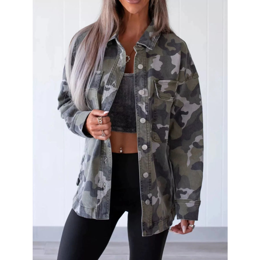Camouflage Print Button Up Denim Jacket Green Camouflage / S Apparel and Accessories