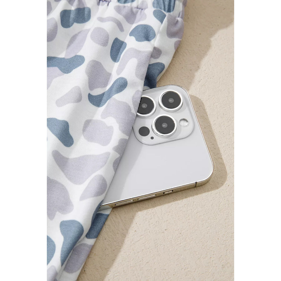 Camouflage Print Lapel Shirt Drawstring 2pcs Short Pajama Set Apparel and Accessories