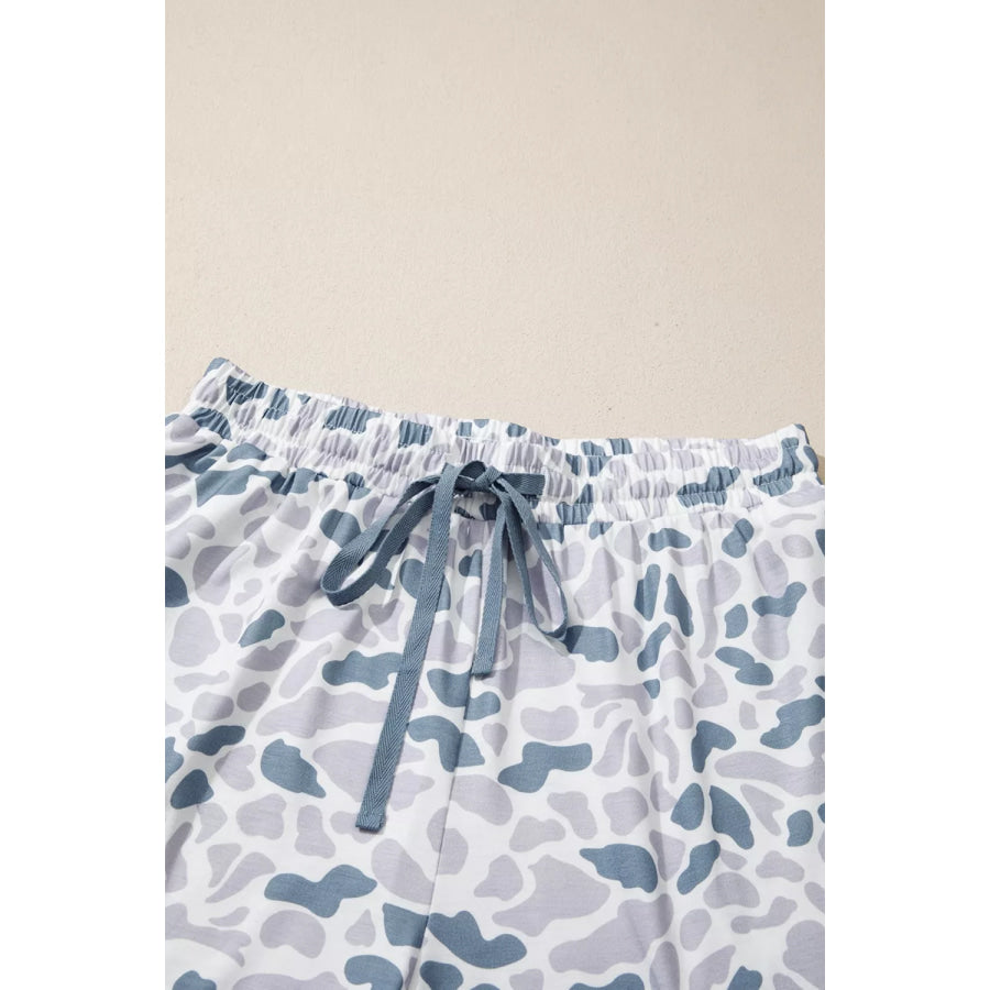 Camouflage Print Lapel Shirt Drawstring 2pcs Short Pajama Set Apparel and Accessories