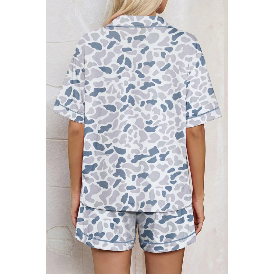 Camouflage Print Lapel Shirt Drawstring 2pcs Short Pajama Set Apparel and Accessories