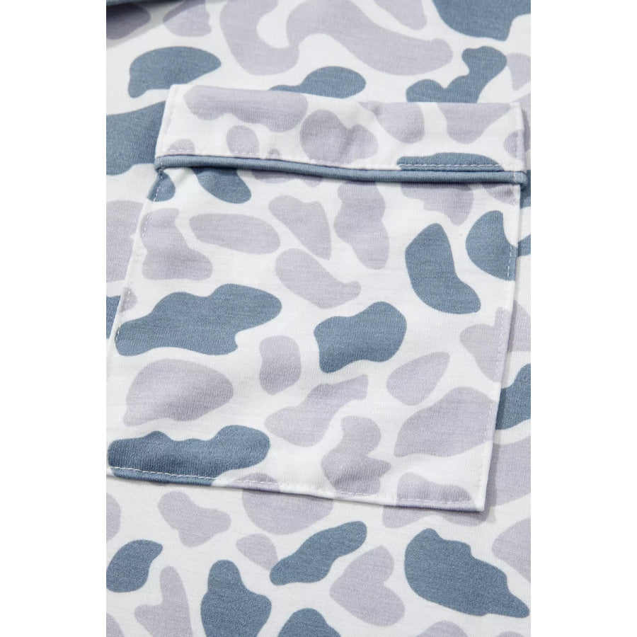 Camouflage Print Lapel Shirt Drawstring 2pcs Short Pajama Set Apparel and Accessories