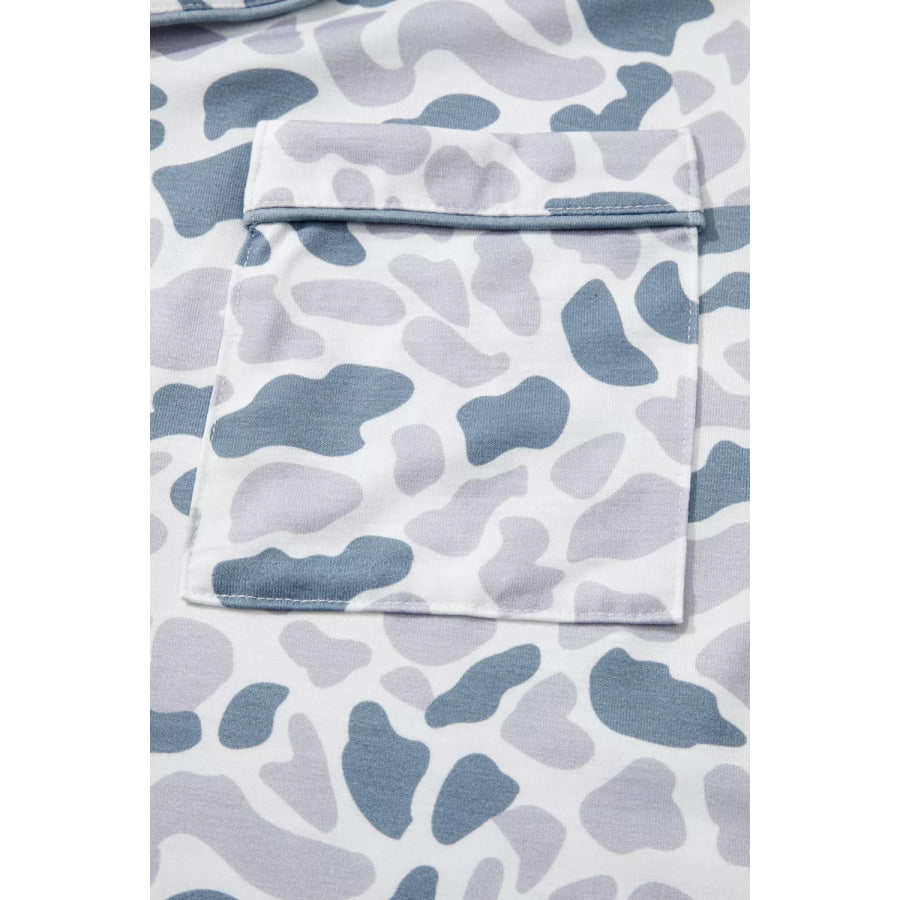 Camouflage Print Lapel Shirt Drawstring 2pcs Short Pajama Set Apparel and Accessories