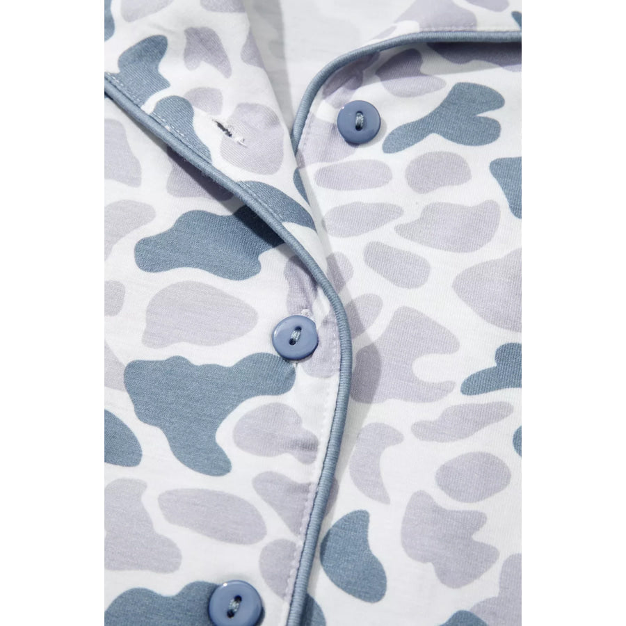 Camouflage Print Lapel Shirt Drawstring 2pcs Short Pajama Set Apparel and Accessories