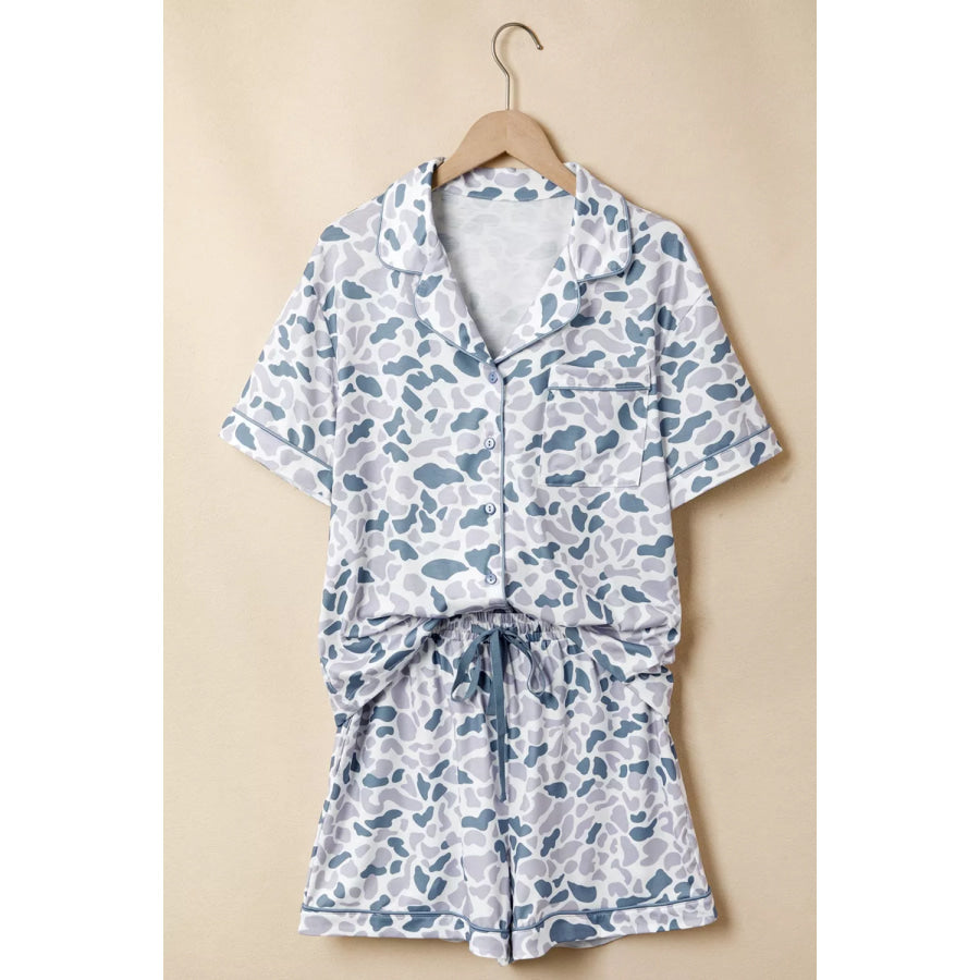 Camouflage Print Lapel Shirt Drawstring 2pcs Short Pajama Set Apparel and Accessories