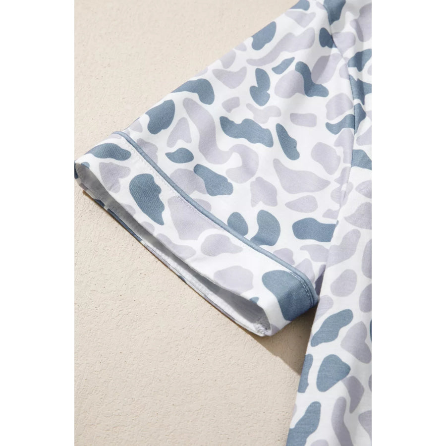 Camouflage Print Lapel Shirt Drawstring 2pcs Short Pajama Set Apparel and Accessories