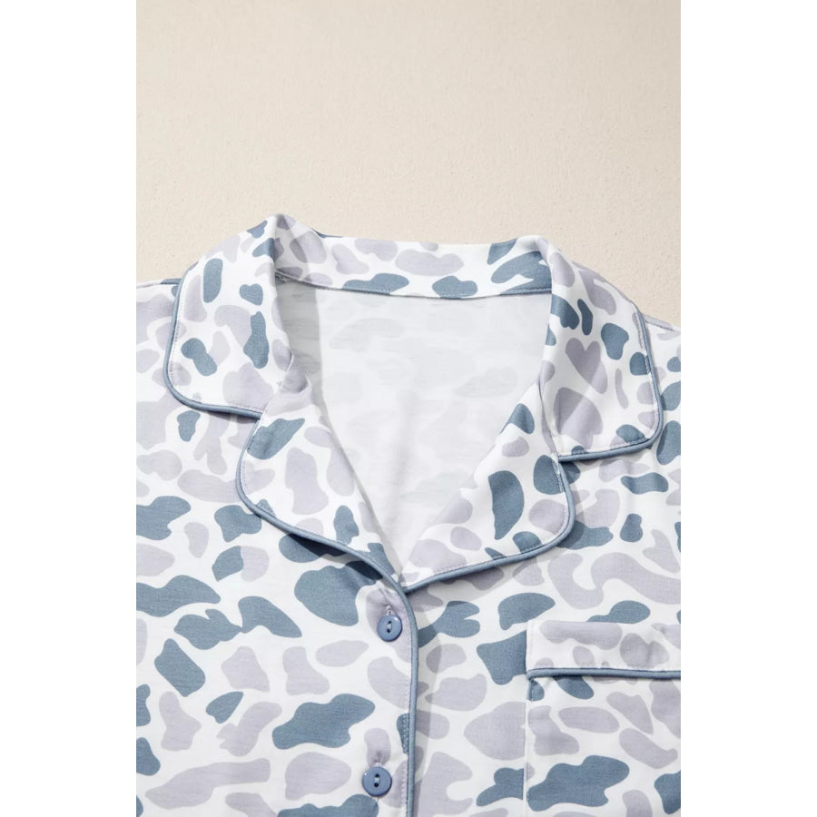 Camouflage Print Lapel Shirt Drawstring 2pcs Short Pajama Set Apparel and Accessories