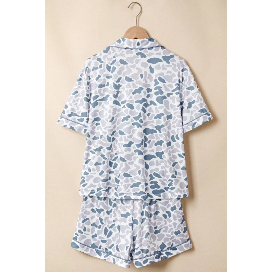 Camouflage Print Lapel Shirt Drawstring 2pcs Short Pajama Set Apparel and Accessories