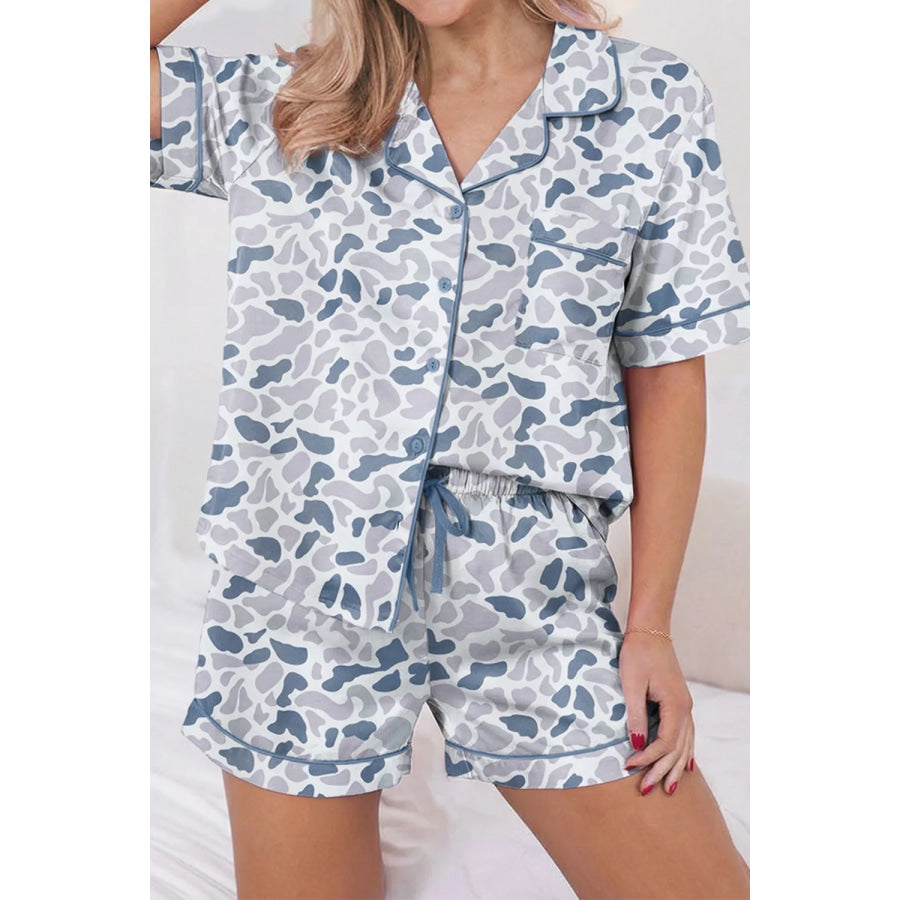 Camouflage Print Lapel Shirt Drawstring 2pcs Short Pajama Set Dusty Blue / S Apparel and Accessories