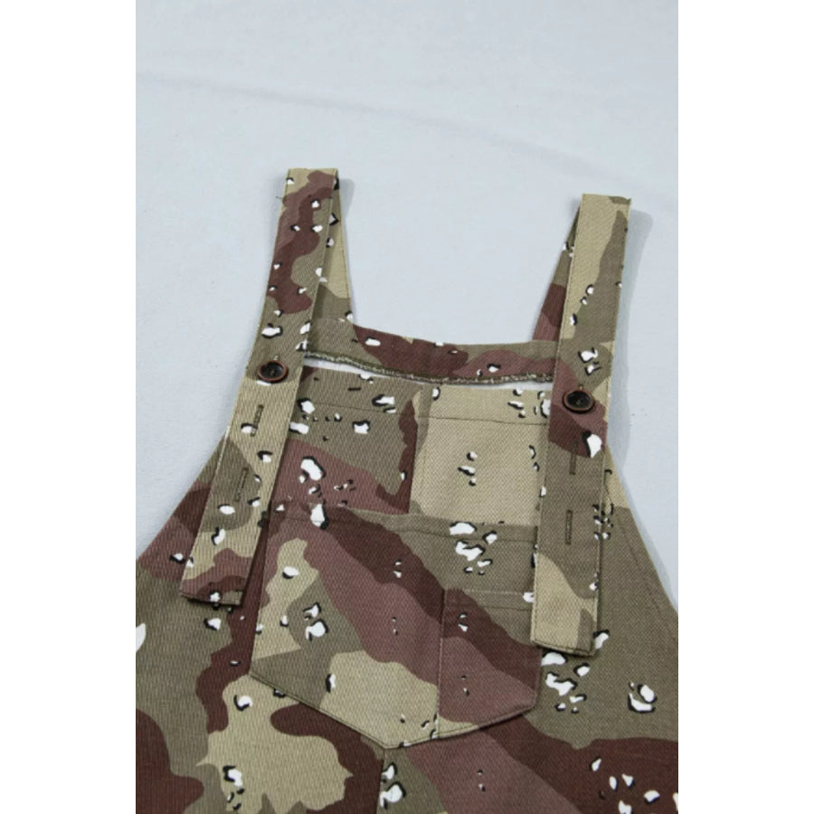 Camouflage Print Leopard Detail Loose Denim Overall Cropped Jumpsuit Apparel and Accessories