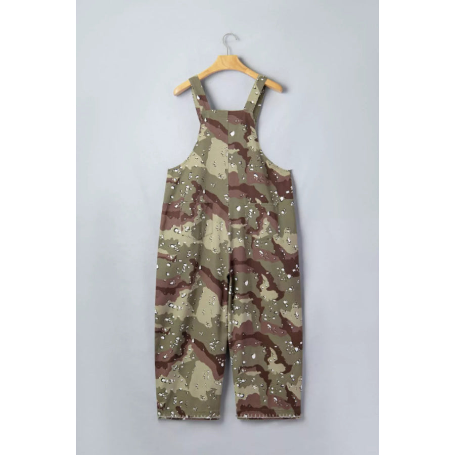 Camouflage Print Leopard Detail Loose Denim Overall Cropped Jumpsuit Apparel and Accessories