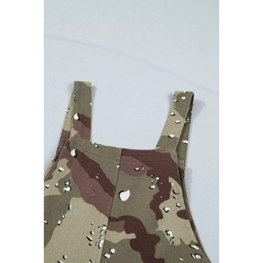 Camouflage Print Leopard Detail Loose Denim Overall Cropped Jumpsuit Apparel and Accessories