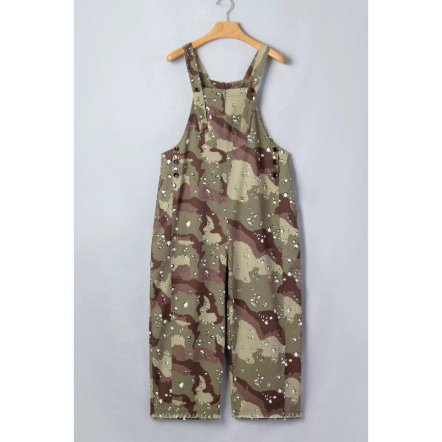 Camouflage Print Leopard Detail Loose Denim Overall Cropped Jumpsuit Green Camouflage / S Apparel and Accessories
