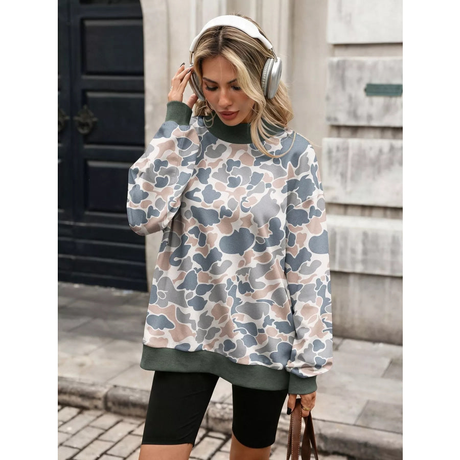 Camouflage Print Mock Neck Sweatshirt Pink / S Apparel and Accessories