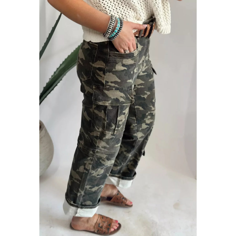 Camouflage Print Multi Pocketed Womens Denim Pants Apparel and Accessories