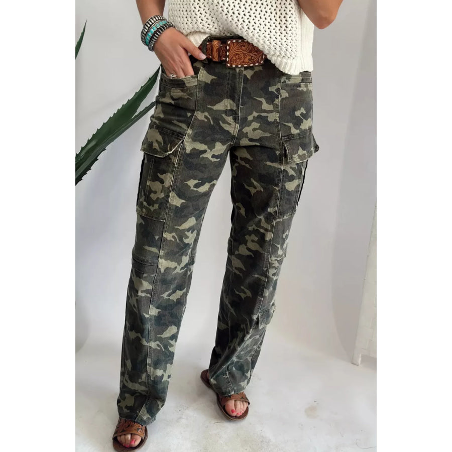 Camouflage Print Multi Pocketed Womens Denim Pants Green Camouflage / 4 Apparel and Accessories