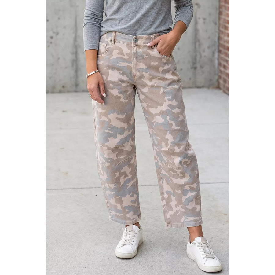 Camouflage Print Pocket Ankle-Length Barrel Jeans Apparel and Accessories