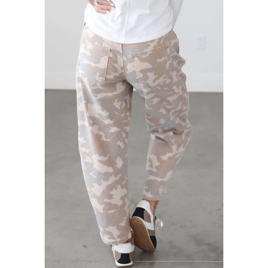 Camouflage Print Pocket Ankle-Length Barrel Jeans Apparel and Accessories