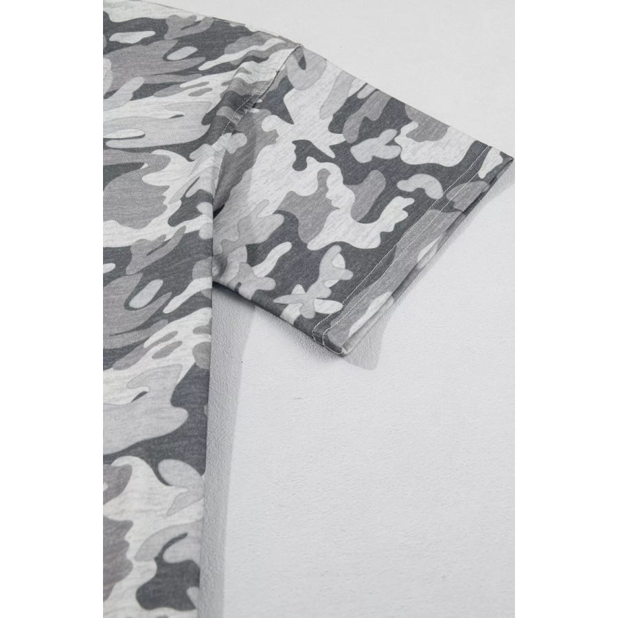 Camouflage Print Raw Edge V Neck Tee Apparel and Accessories