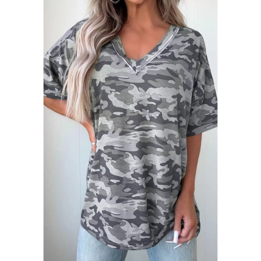 Camouflage Print Raw Edge V Neck Tee Apparel and Accessories