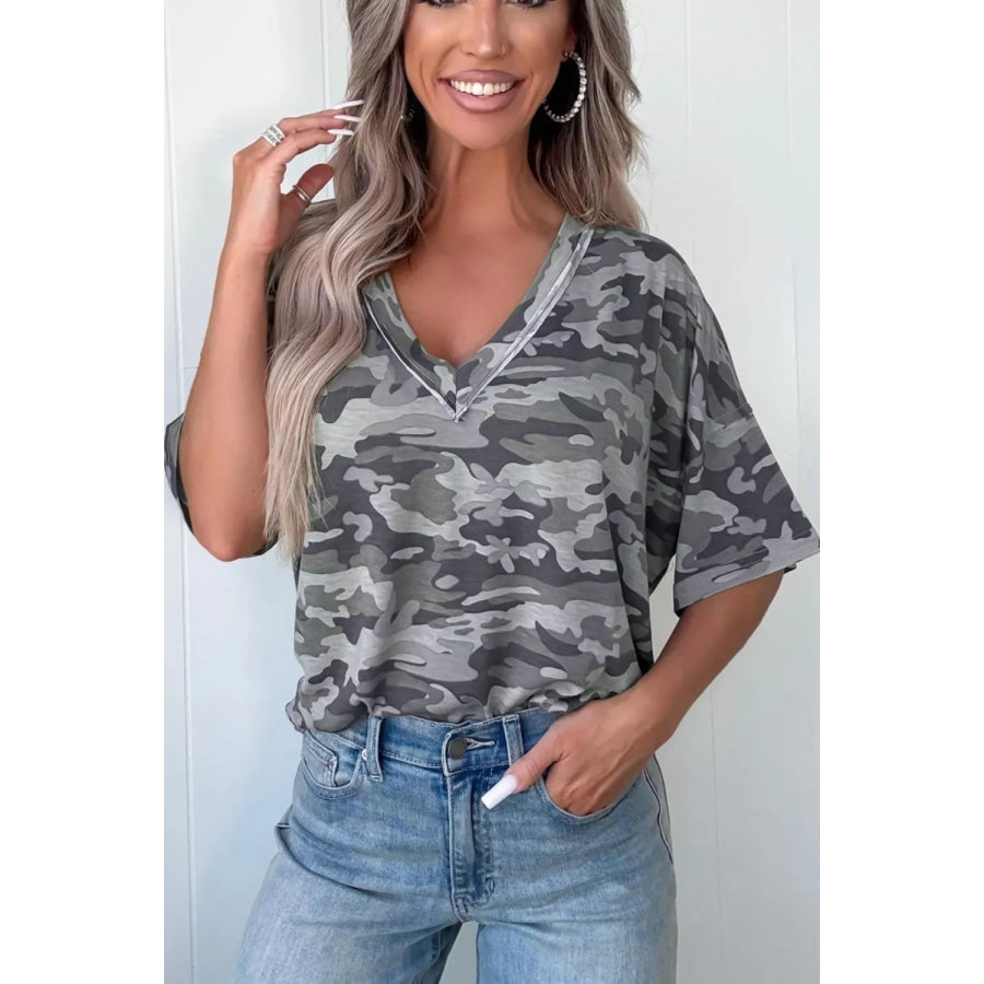 Camouflage Print Raw Edge V Neck Tee Apparel and Accessories
