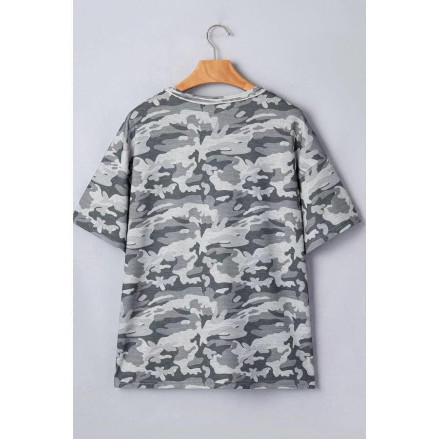 Camouflage Print Raw Edge V Neck Tee Apparel and Accessories