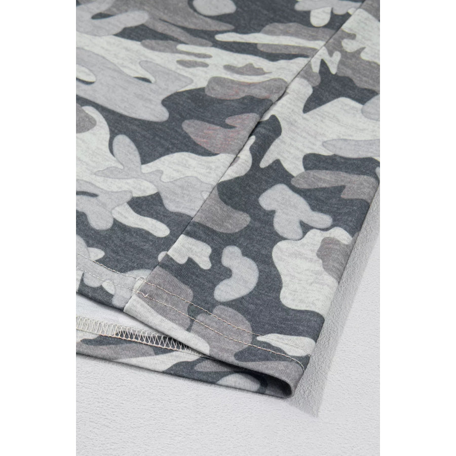 Camouflage Print Raw Edge V Neck Tee Apparel and Accessories