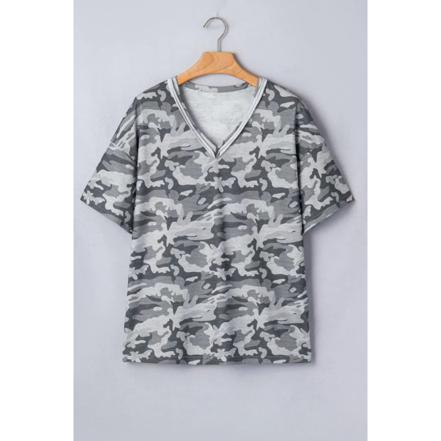 Camouflage Print Raw Edge V Neck Tee Apparel and Accessories