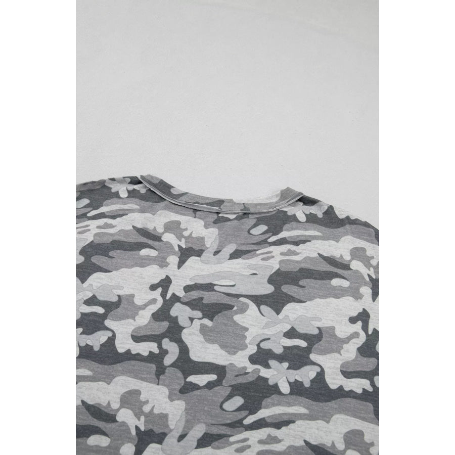 Camouflage Print Raw Edge V Neck Tee Apparel and Accessories