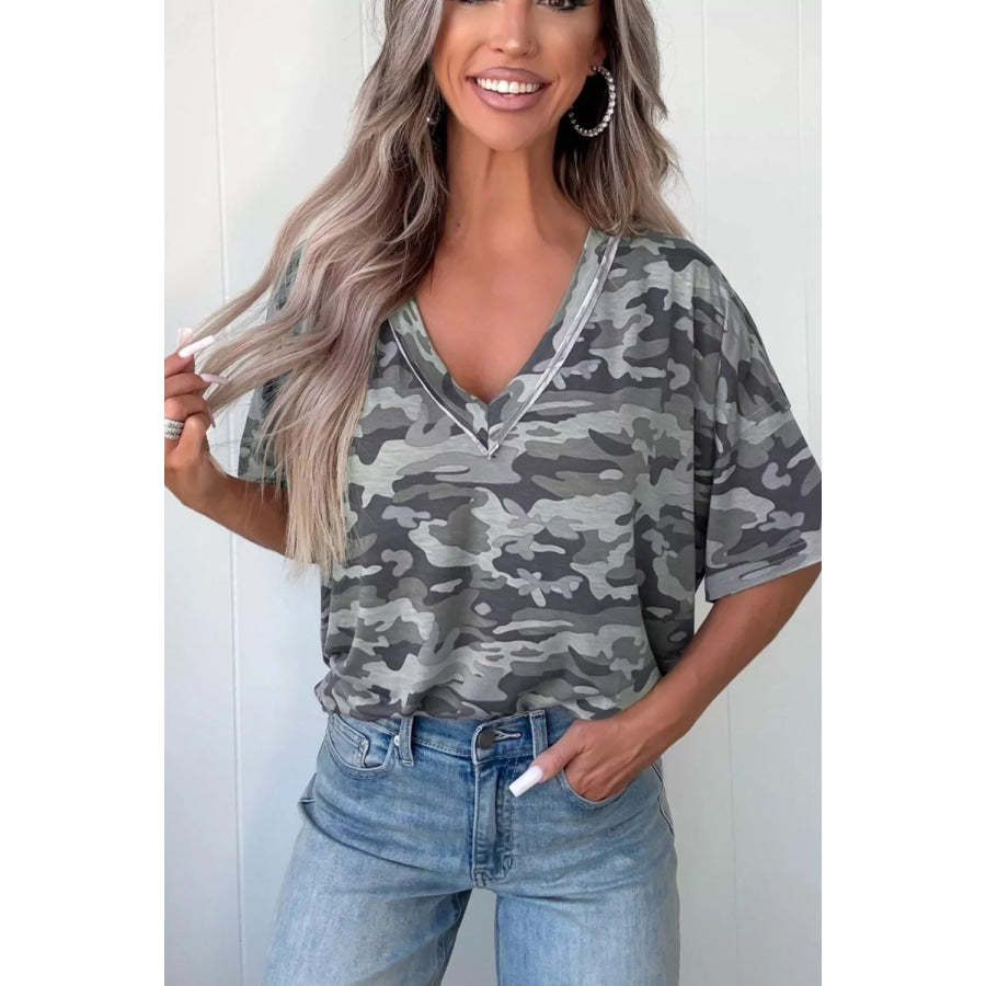Camouflage Print Raw Edge V Neck Tee Apparel and Accessories