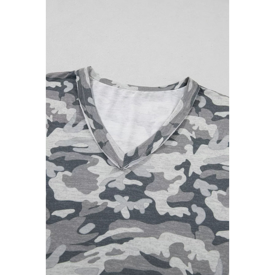 Camouflage Print Raw Edge V Neck Tee Apparel and Accessories