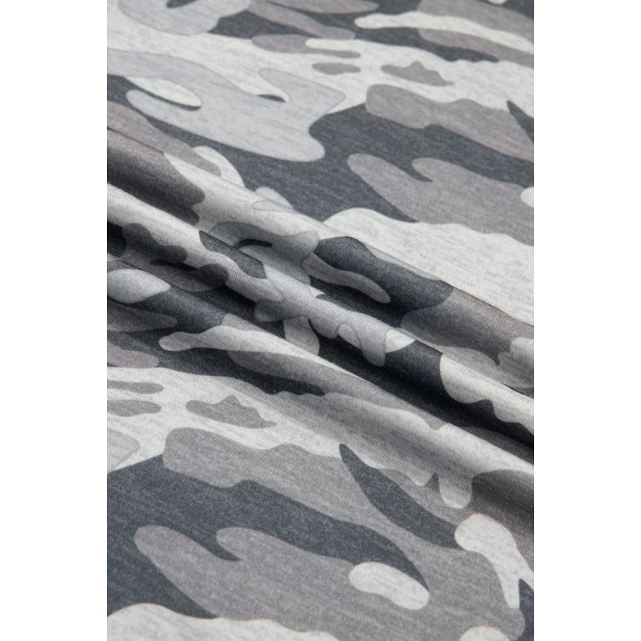 Camouflage Print Raw Edge V Neck Tee Apparel and Accessories
