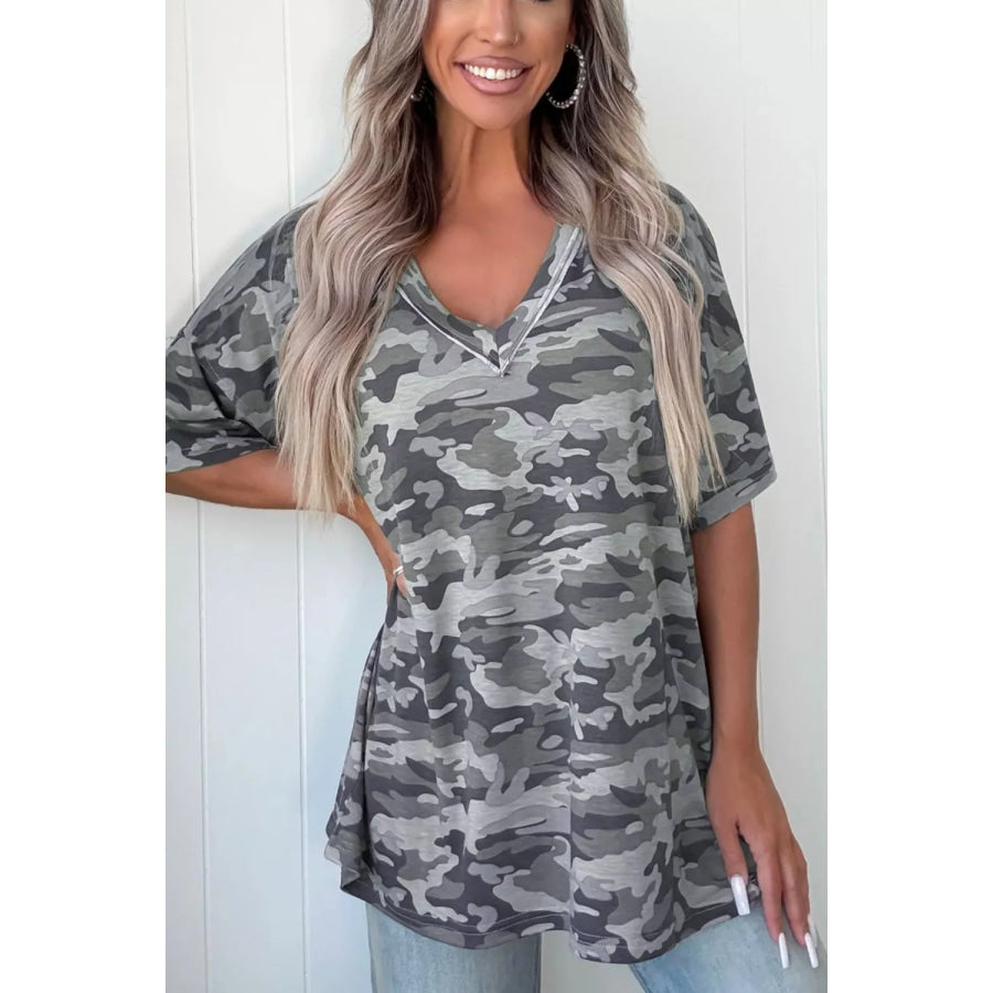 Camouflage Print Raw Edge V Neck Tee Green Camouflage / S Apparel and Accessories