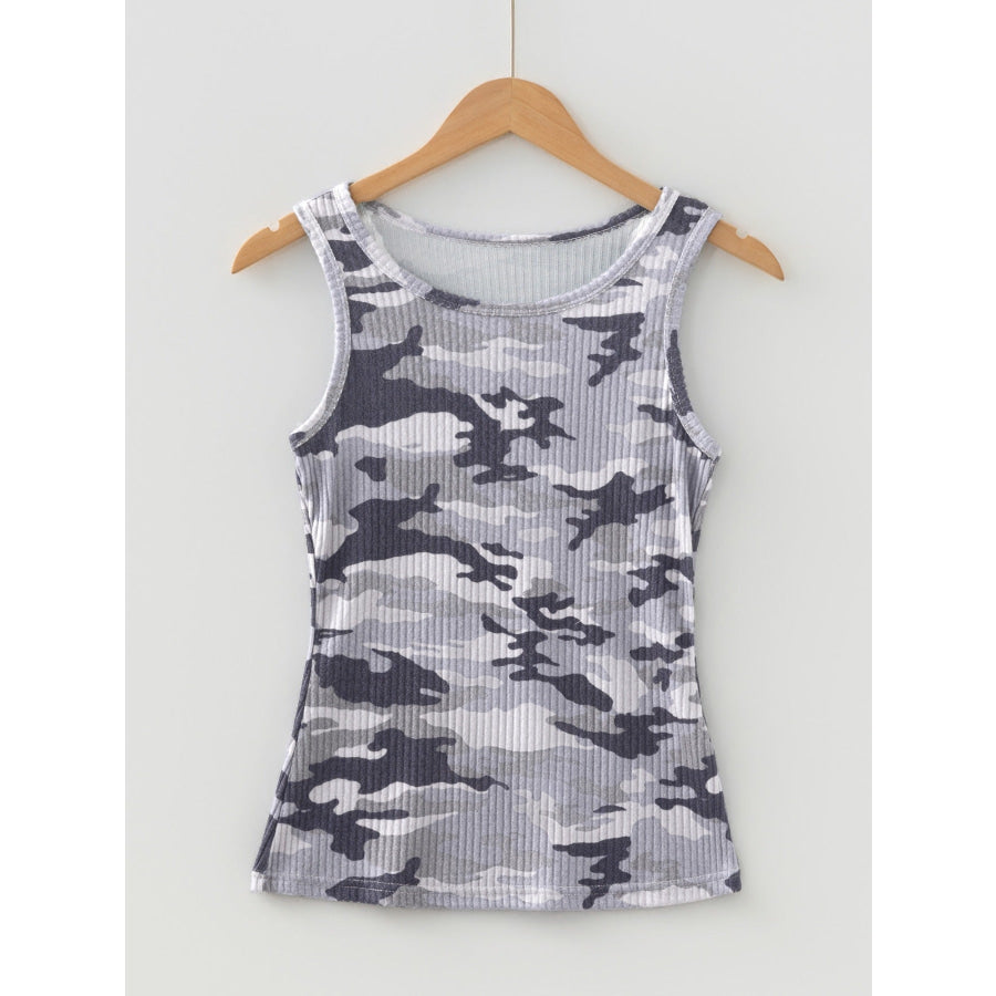 Camouflage Print Ribbed Knit Round Neck Tank Top Apparel and Accessories